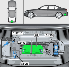 Схема BMW: главный (стартерный) Li-Ion аккумулятор G1 под полом багажника M5 F90