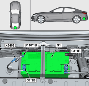 Схема BMW: главный (стартерный) Li-Ion аккумулятор G1 под полом багажника M8 F93
