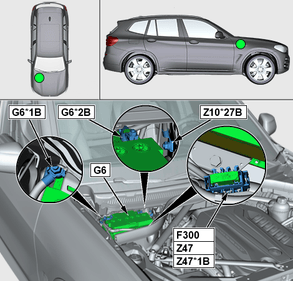 Схема BMW: вспомогательный аккумулятор G6 в моторном отсеке - X5 G05 и X7 G07