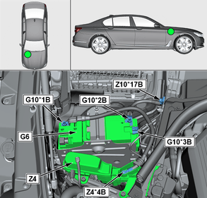 Схема BMW: вспомогательный аккумулятор G6 в моторном отсеке универсала 3-серии G21