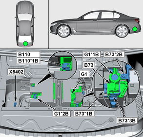 Схема BMW: главный (стартерный) Li-Ion аккумулятор G1 под полом багажника - M3 G80 и G81